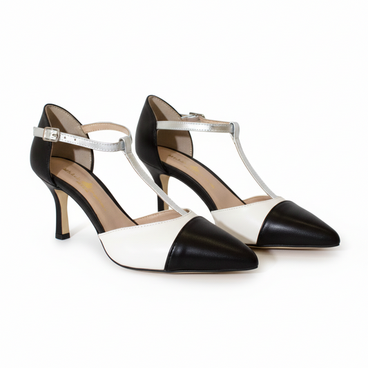 DÉCOLLETÉ T-STRAP ARGENTO E IN PELLE BICOLORE NERA E PANNA CON PUNTA SFILATA E TACCO A SPILLO