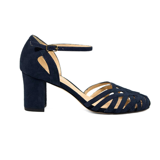 SANDALO IN CAMOSCIO BLU MARINO CON TOMAIA INTRECCIATA CINTURINO E TACCO LARGO