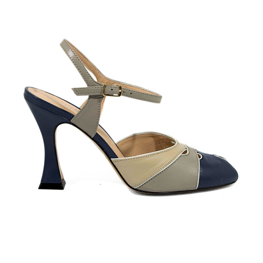 DÉCOLLETÉ SLINGBACK IN PELLE MULTICOLOR BLU, GRIGIO E PANNA CON TACCO ALTO E CINTURINO