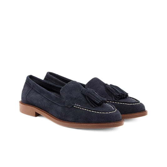 Mocassino in camoscio blu con mascherina nappine e suola a contrasto