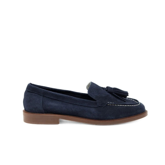 Mocassino in camoscio blu con mascherina nappine e suola a contrasto