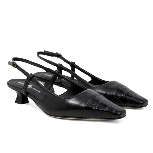 DÉCOLLETÉ SLINGBACK IN PELLE STAMPA COCCO NERA CON PUNTA SFILATA E TACCO BASSO A ROCCHETTO