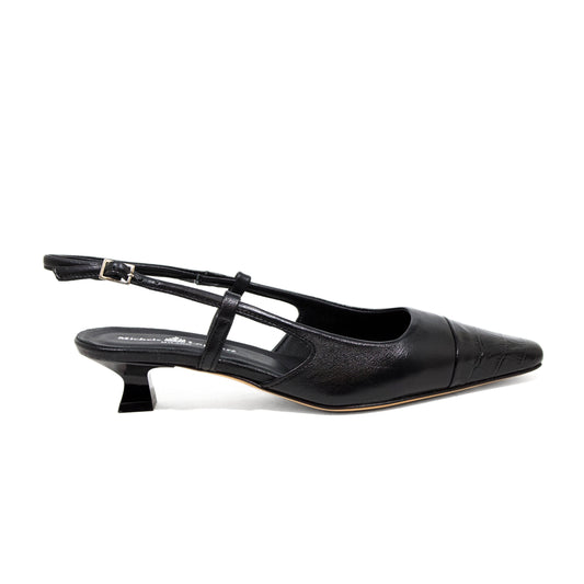 DÉCOLLETÉ SLINGBACK IN PELLE STAMPA COCCO NERA CON PUNTA SFILATA E TACCO BASSO A ROCCHETTO