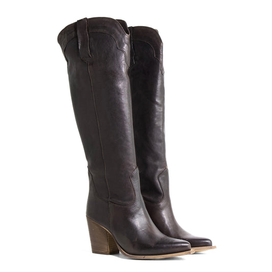 STIVALE CAMPEROS IN PELLE LAVATA TESTA DI MORO CON PUNTA SFILATA E TACCO CUBANO