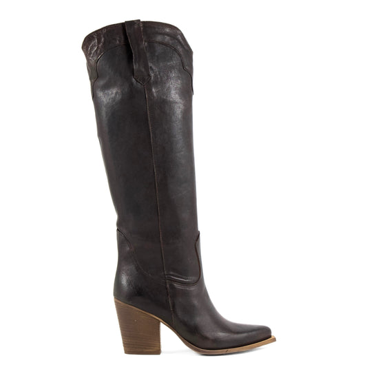 STIVALE CAMPEROS IN PELLE LAVATA TESTA DI MORO CON PUNTA SFILATA E TACCO CUBANO