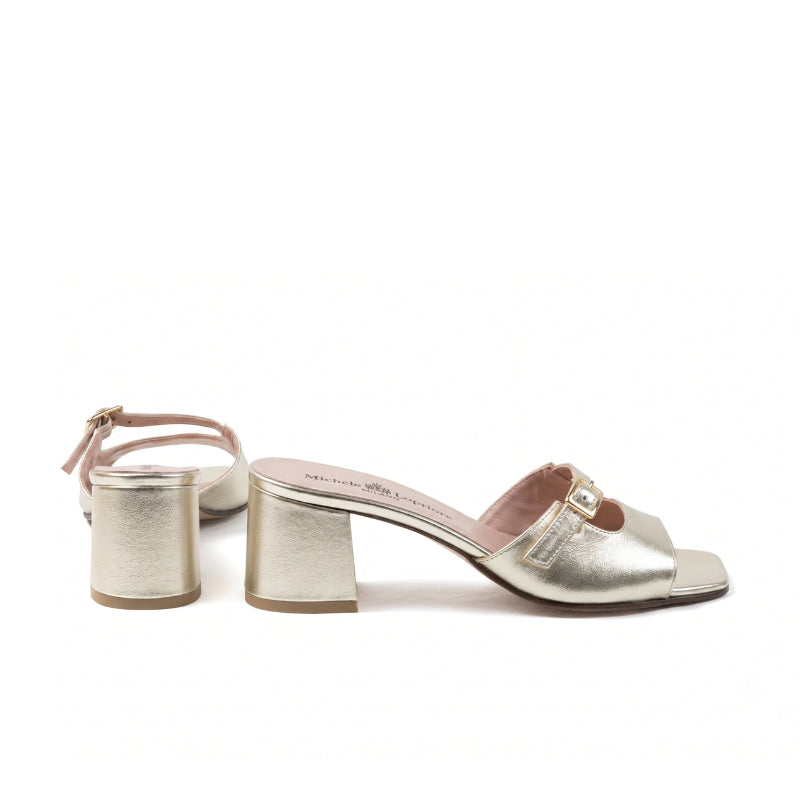 Sabot mules in nappa laminata platino con tacco largo 5 cm | Michele Lopriore