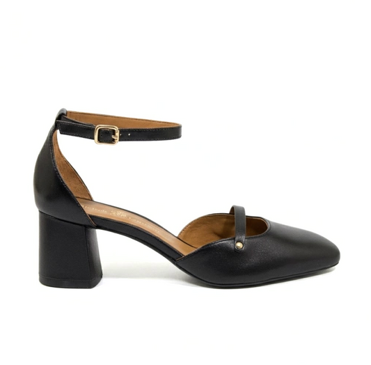MARY JANE IN NAPPA NERA CON DOPPIO CINTURINO E TACCO LARGO