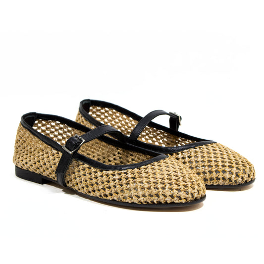 BALLERINA MARY JANE IN RAFIA E NAPPA NERA CON LAVORAZIONE A INTRECCIO