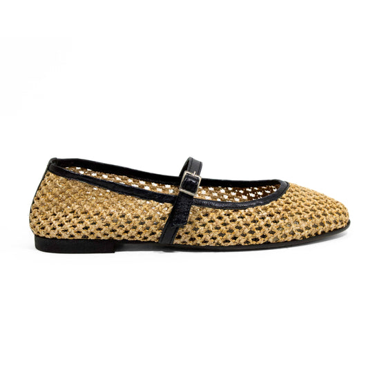 BALLERINA MARY JANE IN RAFIA E NAPPA NERA CON LAVORAZIONE A INTRECCIO