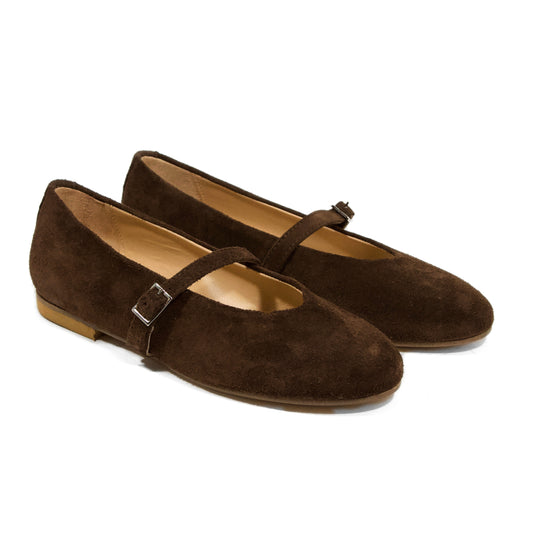 BALLERINA MARY JANE IN CAMOSCIO TESTA DI MORO CON CINTURINO SOTTILE E PUNTA ARROTONDATA