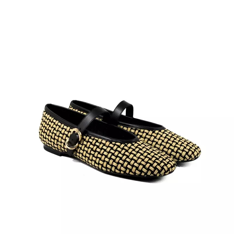 Ballerina Mary Jane Frau in tessuto intrecciato nero e beige con fibbia | Michele Lopriore