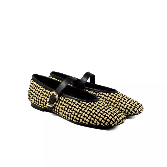 Ballerina Mary Jane Frau in tessuto intrecciato nero e beige con fibbia | Michele Lopriore