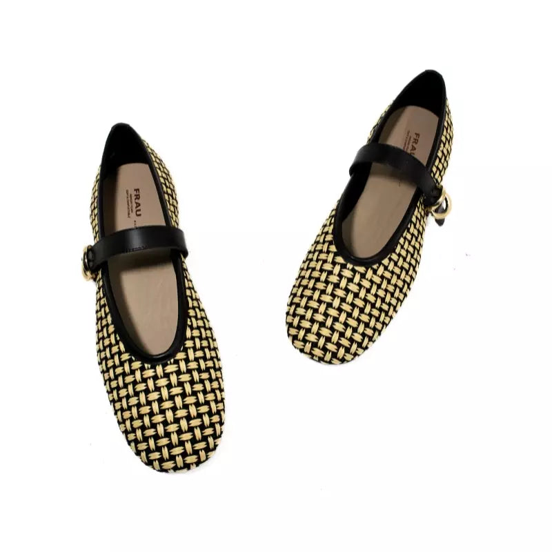Ballerina Mary Jane Frau in tessuto intrecciato nero e beige con fibbia | Michele Lopriore