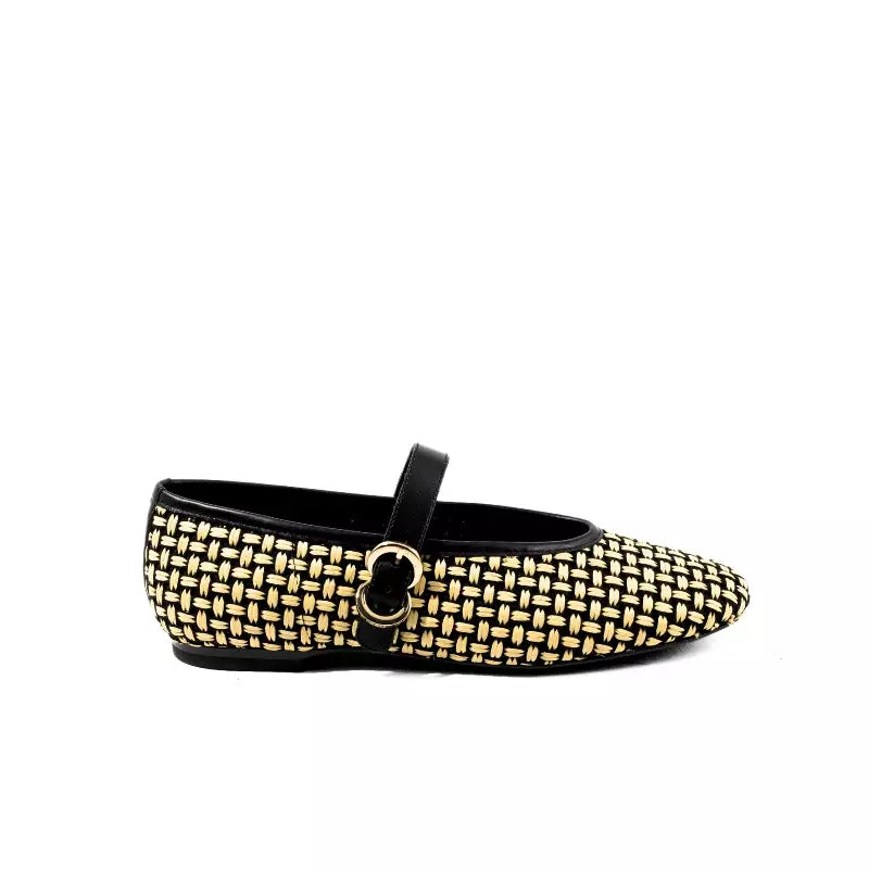 Ballerina Mary Jane Frau in tessuto intrecciato nero e beige con fibbia | Michele Lopriore