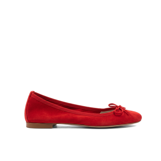 Ballerine donna in vero camoscio rosso con fiocchetto, punta arrotondata Made in Italy