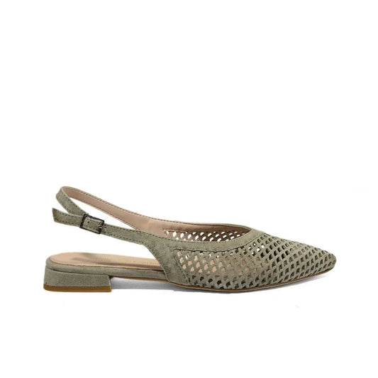 Sandalo slingback in camoscio salvia traforato con punta sfilata e tacco basso