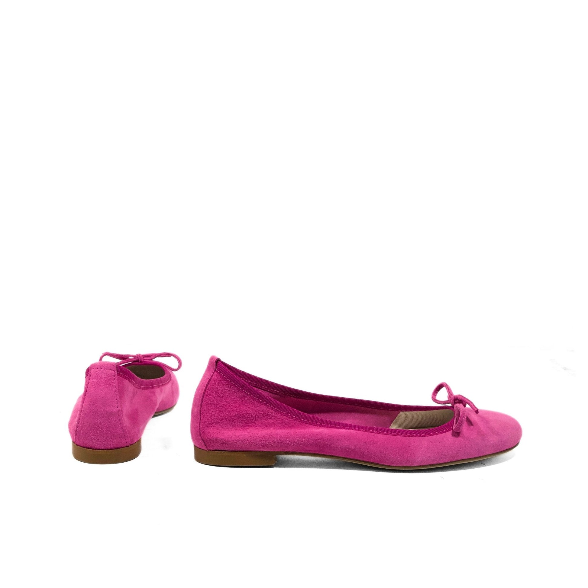Ballerine donna fucsia in camoscio con fiocco, tomaia morbida e suola flessibile