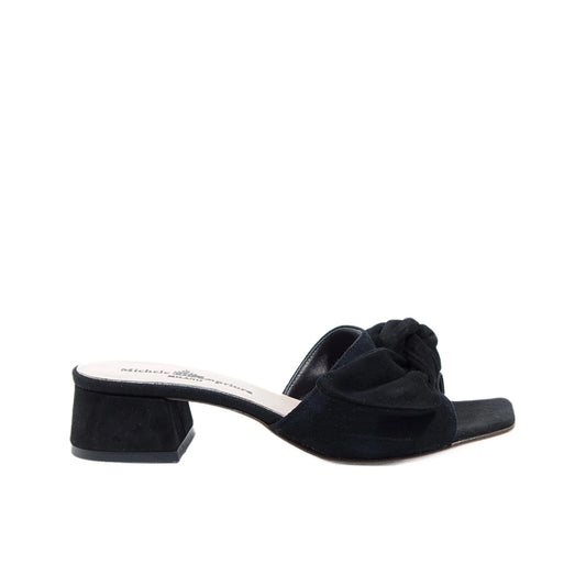 Ciabatta donna con tacco basso in vero camoscio nero con maxi fiocco, Made in Italy Michele Lopriore