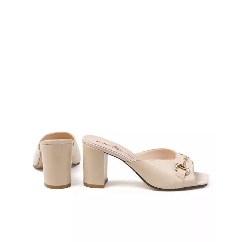 Ciabattina con tacco da donna in pelle nude con morsetto oro | Michele Lopriore