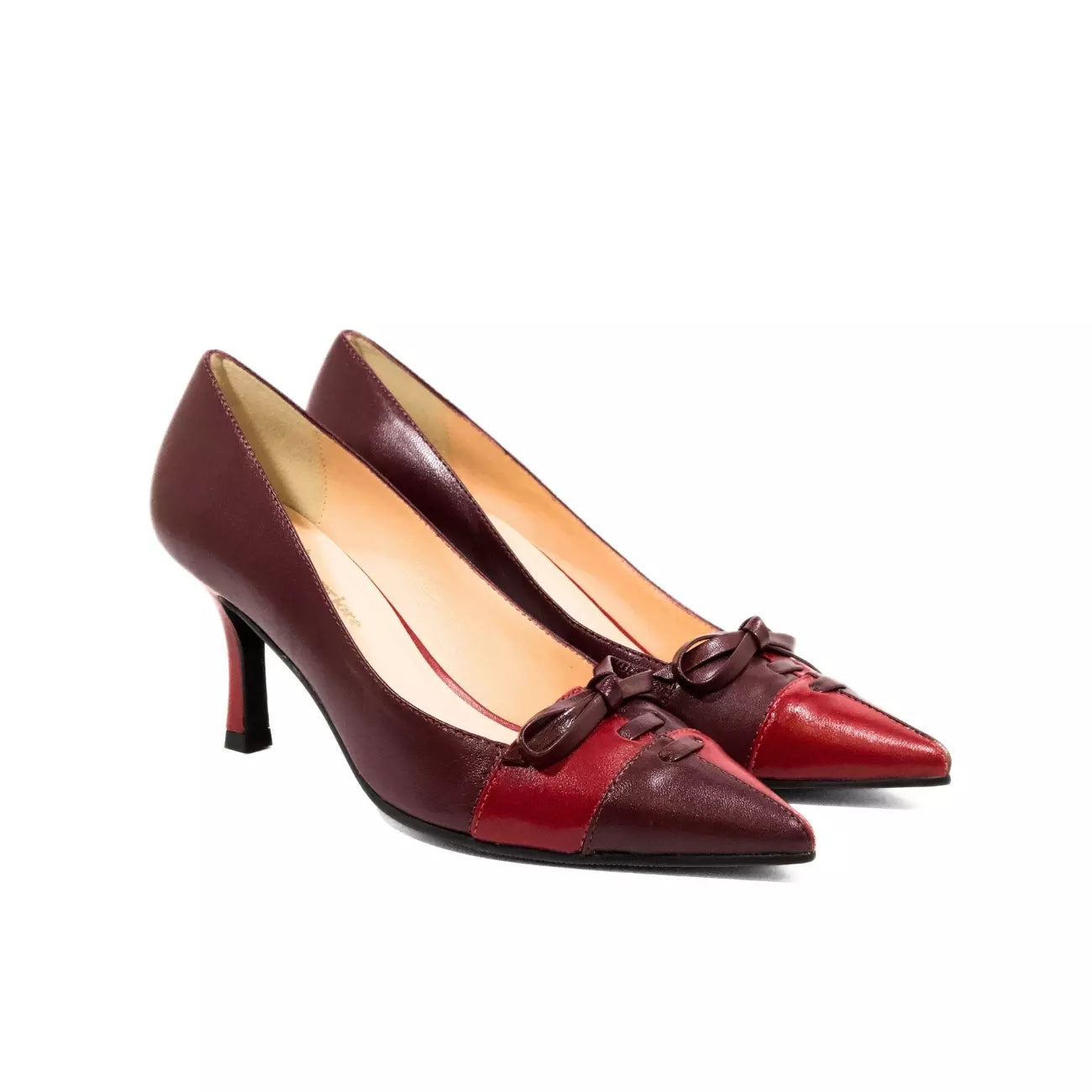 Décolleté bicolore bordeaux e rosso in pelle con fiocco | Michele Lopriore