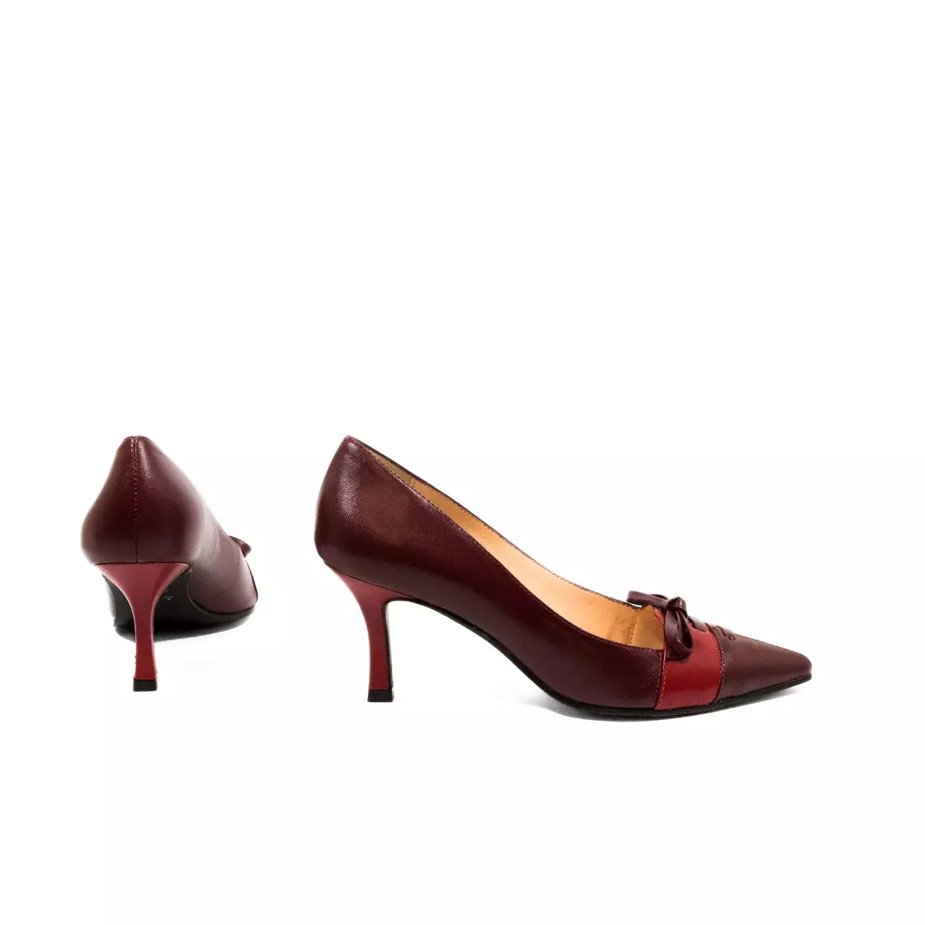 Décolleté bicolore bordeaux e rosso in pelle con fiocco | Michele Lopriore