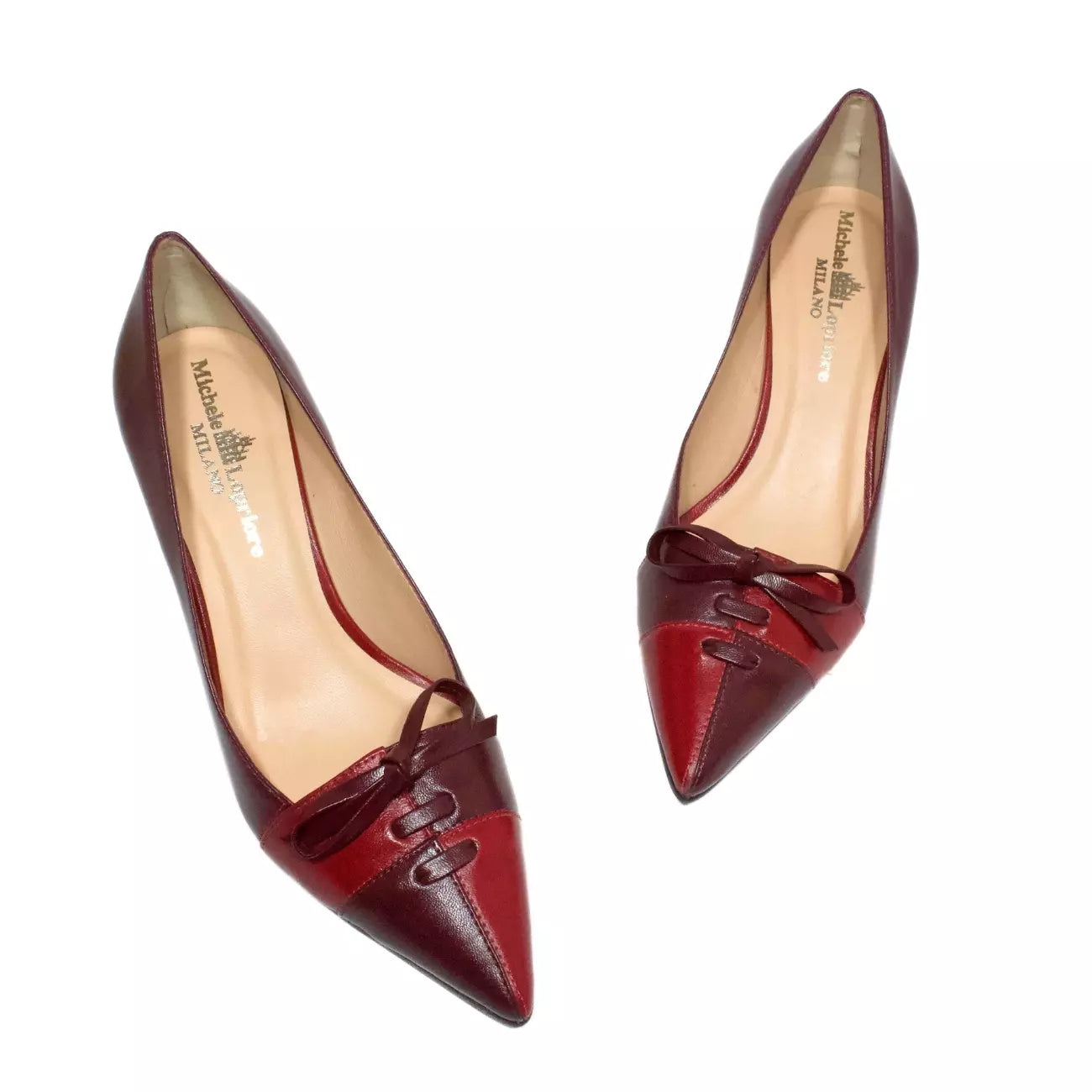 Décolleté bicolore bordeaux e rosso in pelle con fiocco | Michele Lopriore