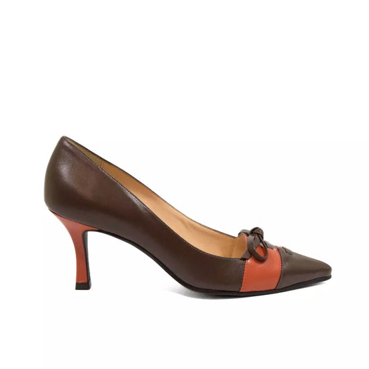 Décolleté bicolore cioccolato e terracotta in nappa con fiocco e tacco medio
