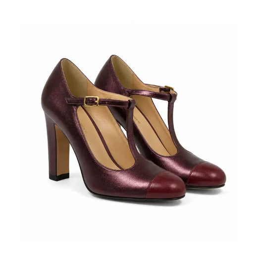 Décolleté bordeaux metallizzata con cinturino a T e tacco largo