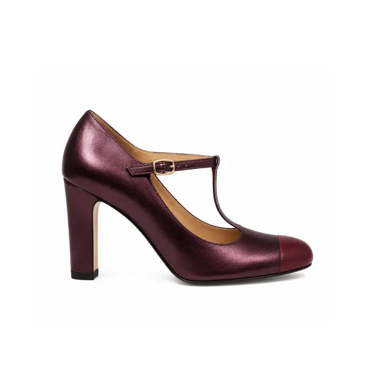 Décolleté bordeaux metallizzata con cinturino a T e tacco largo