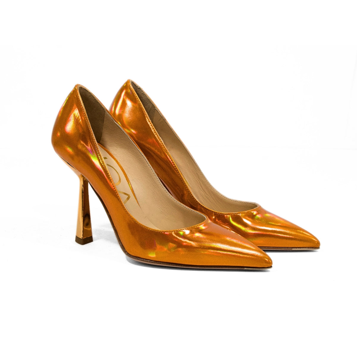 Décolleté donna metallizzata arancio con tacco alto  | Michele Lopriore