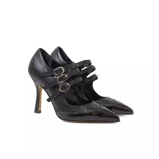 Décolleté brogue in vitello nero con tripli cinturini | Michele Lopriore