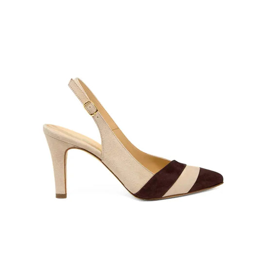 Décolleté slingback in camoscio beige e testa di moro con punta sfilata e tacco alto
