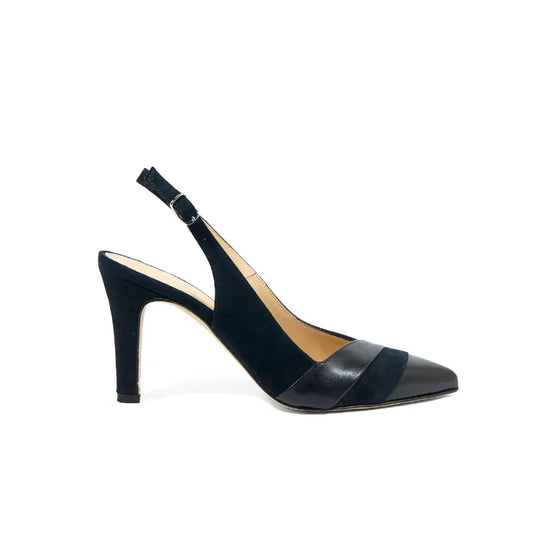 Décolleté slingback in camoscio blu con punta sfilata e tacco alto