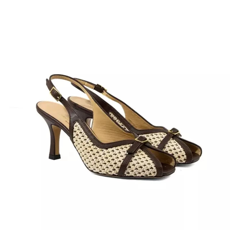 Décolleté slingback spuntata in rafia e pelle testa di moro | Michele Lopriore