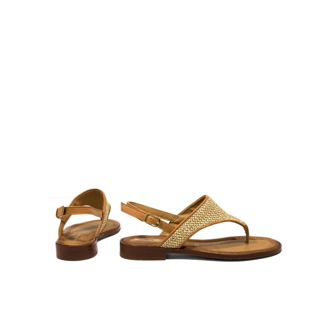 Infradito estivo donna comfort in rafia e pelle cuoio, vista laterale con suola piatta marrone – collezione estate 2026