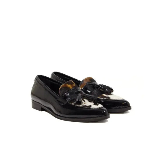 Mocassino donna nero in naplak con inserto animalier e nappine