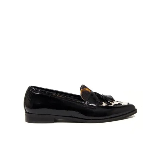 Mocassino donna nero in naplak con inserto animalier e nappine