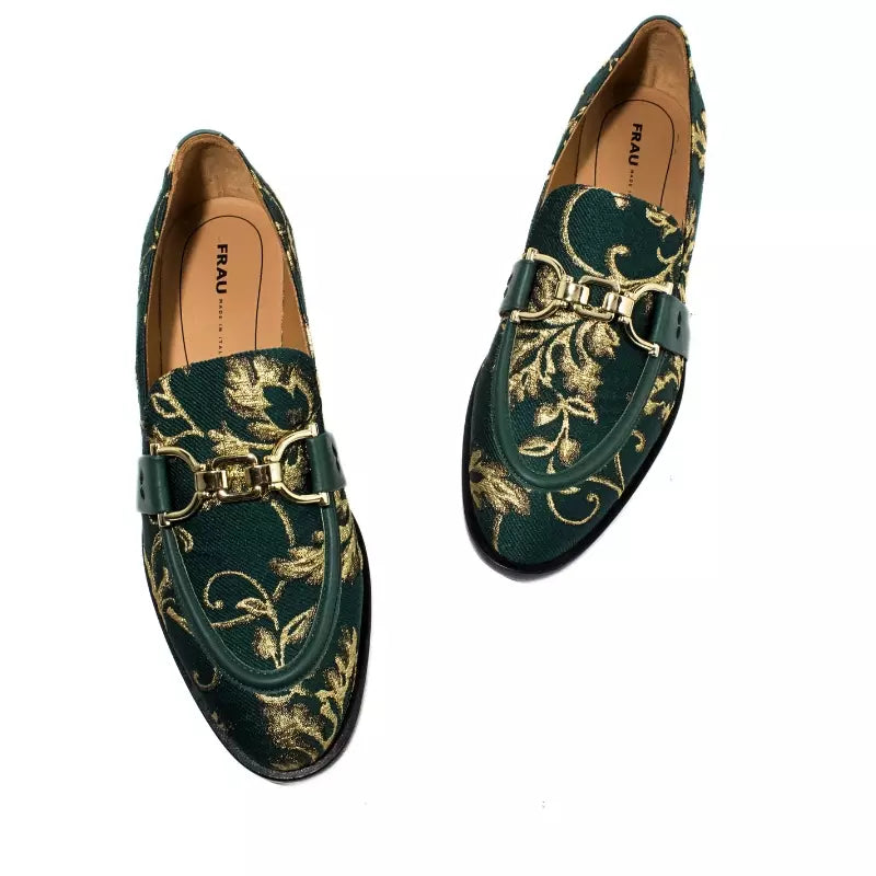 Mocassino Frau in tessuto jacquard verde con morsetto dorato | Michele Lopriore
