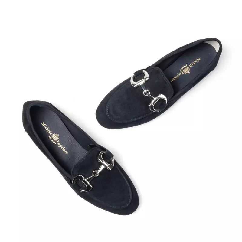 Mocassino in camoscio blu con morsetto | Michele Lopriore