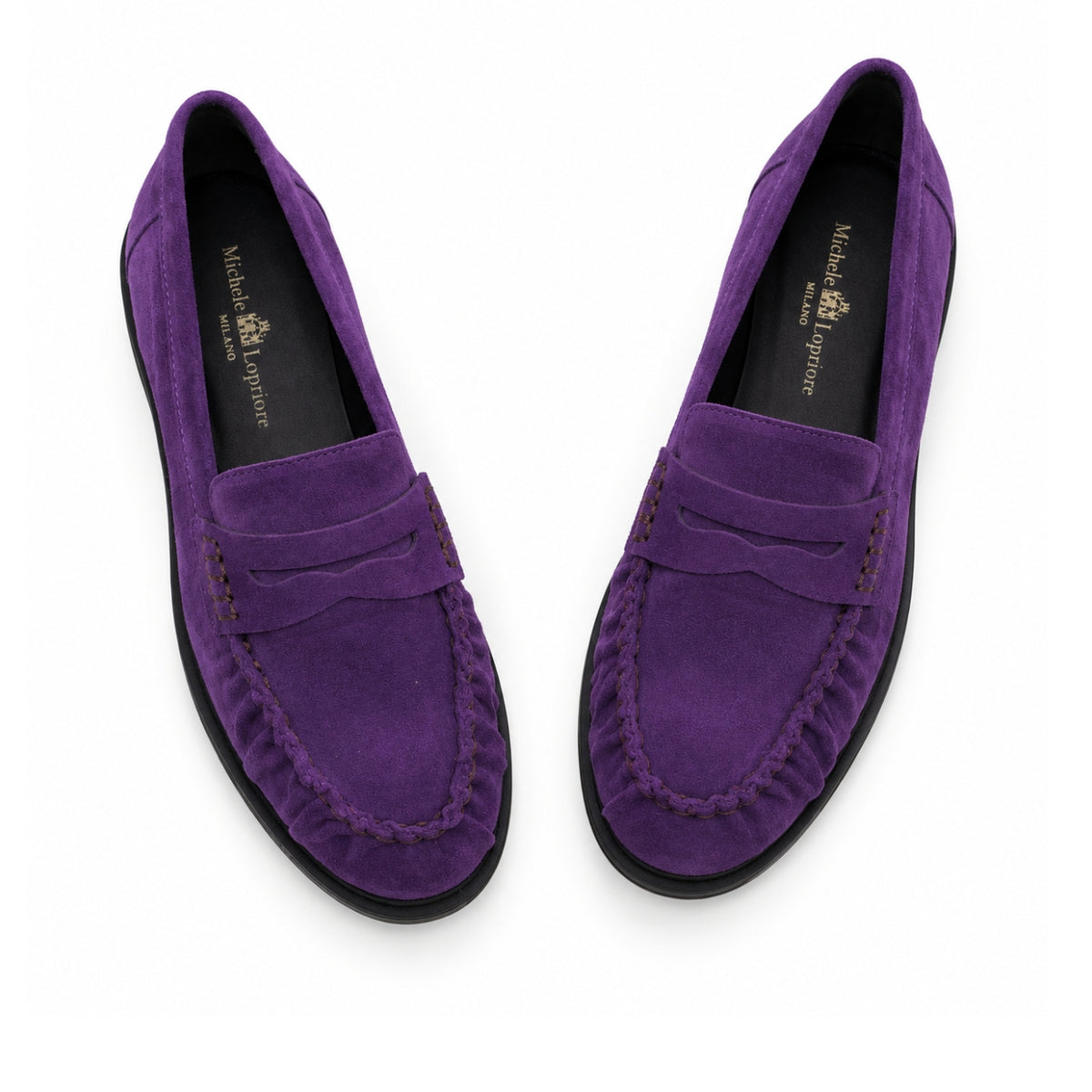 Mocassino in camoscio viola arricciato | Michele Lopriore