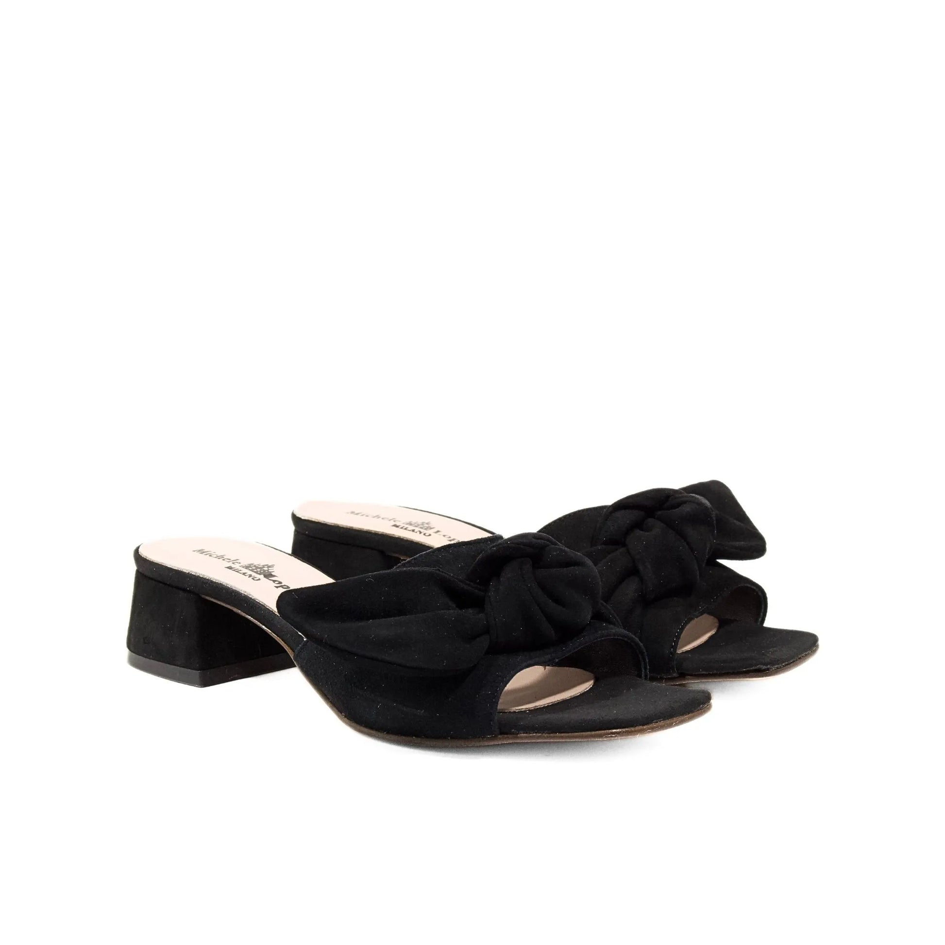 Mule comfort da donna in vero camoscio nero con fiocco, Made in Italy, tacco rivestito