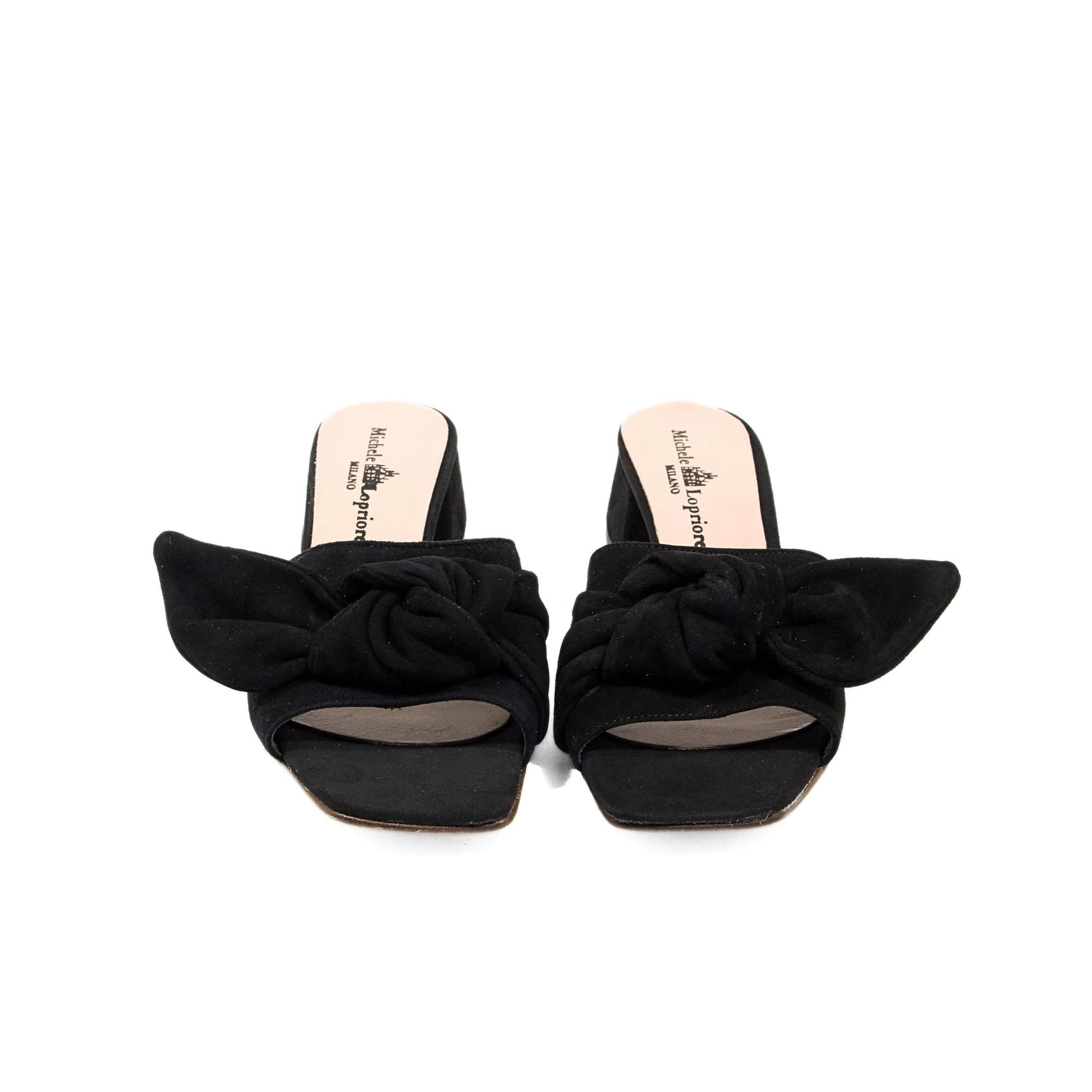 Mule elegante da donna in camoscio nero con tacco largo 5 cm e dettaglio fiocco annodato