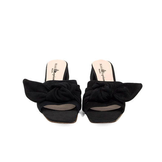 Mule elegante da donna in camoscio nero con tacco largo 5 cm e dettaglio fiocco annodato