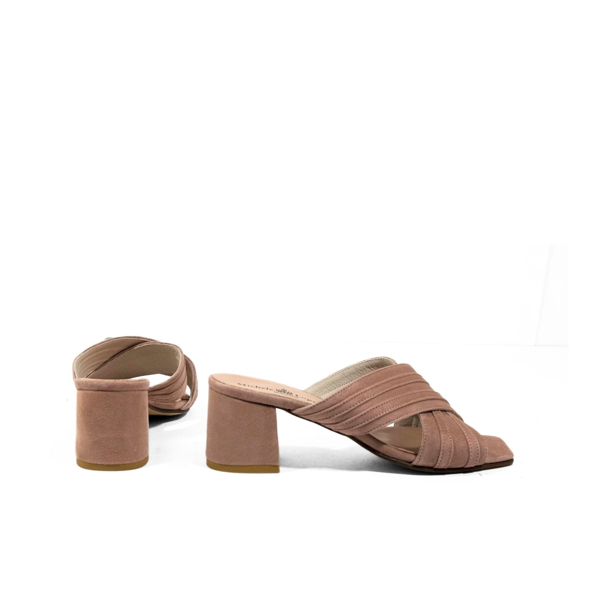 Sabot donna in camoscio rosa con tacco largo fasce incrociate 