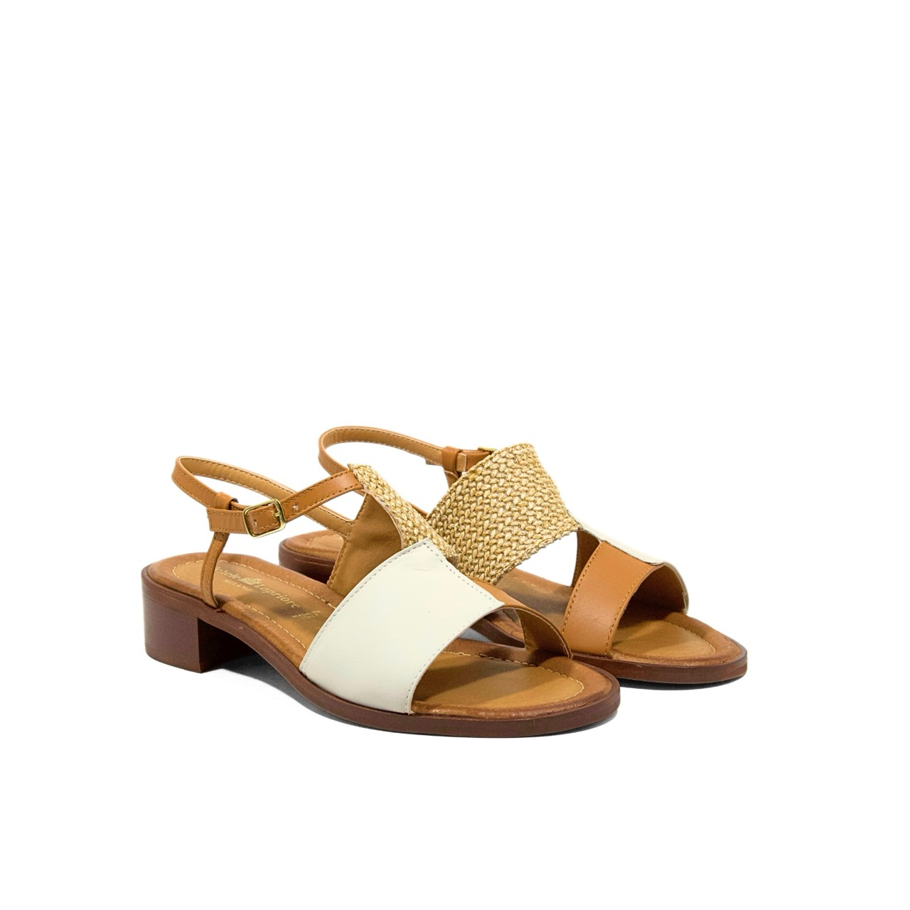  Sandalo piatto comfort da donna in rafia naturale e pelle, modello bicolore bianco cuoio per l'estate 2026