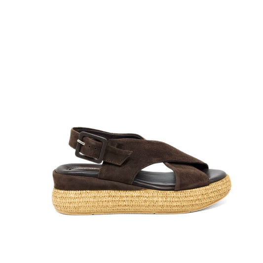 Sandali donna con platform in vero camoscio testa di moro, zeppa in rafia naturale intrecciata Made in Italy