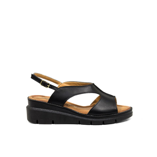 Sandali donna con zeppa bassa in vera nappa nera, tomaia traforata e suola platform leggera Made in Italy