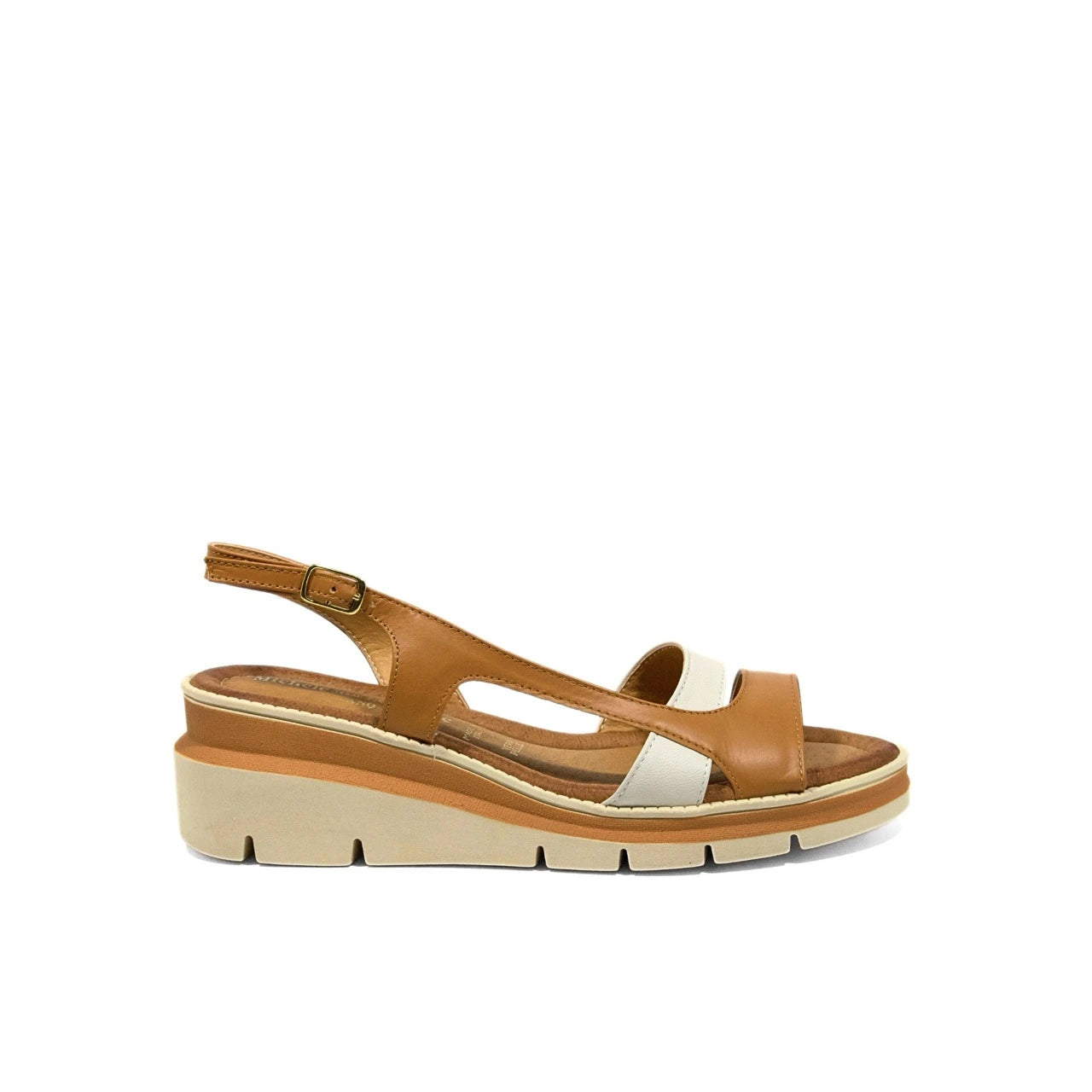Sandali donna con zeppa platform in pelle color cuoio e bianco, cinturino regolabile alla caviglia e suola comfort beige