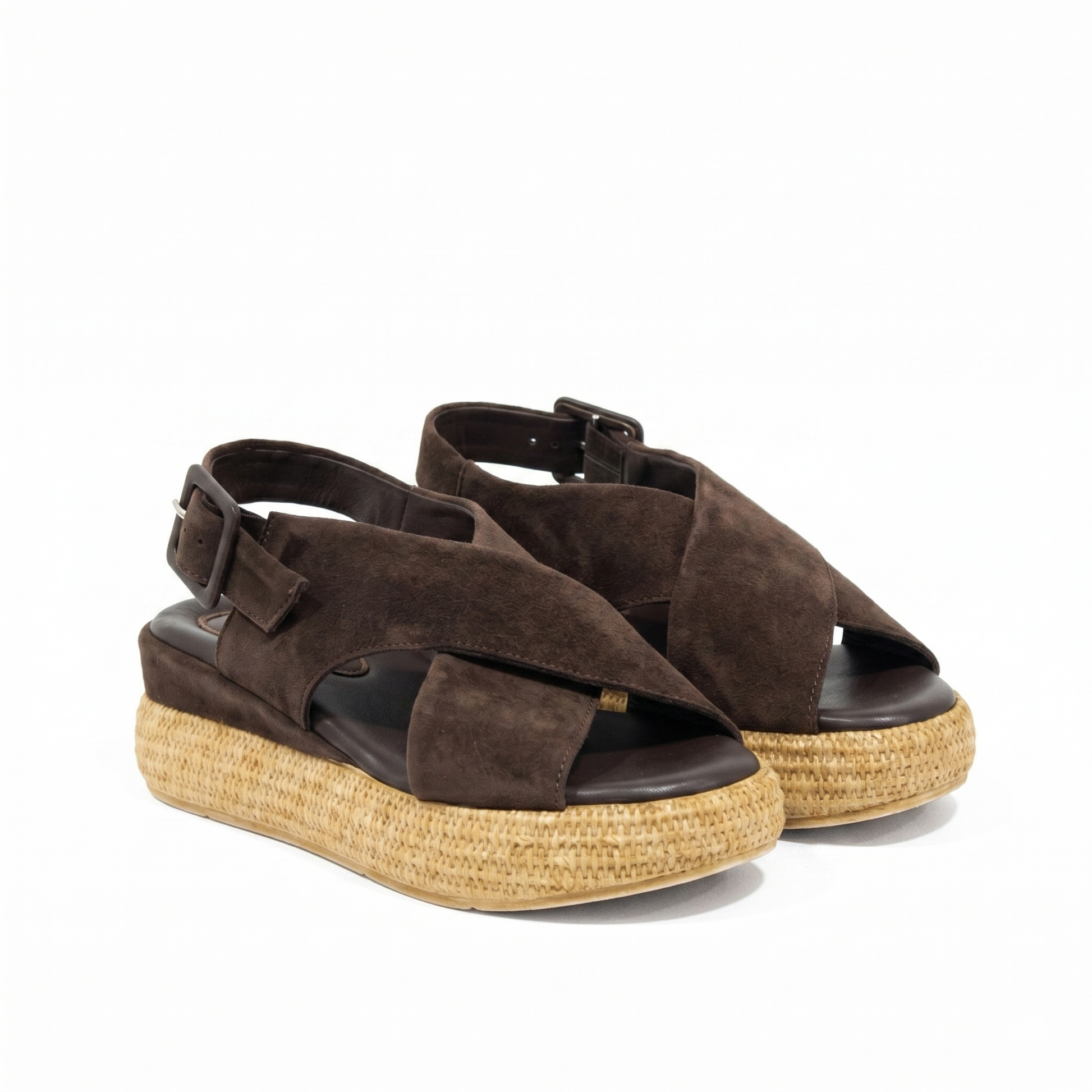Sandali platform donna in camoscio moro con zeppa in rafia, collezione estate 2026