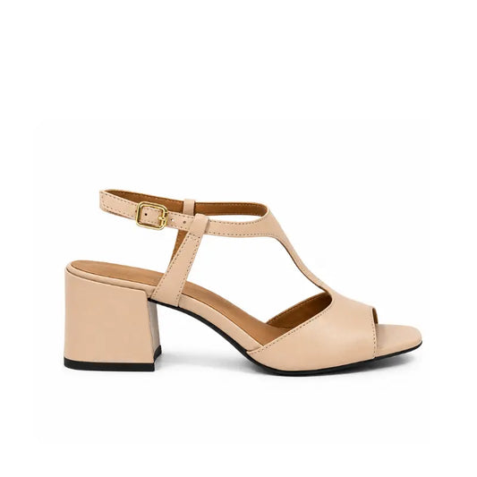 Sandalo con tacco largo beige e cinturino a T